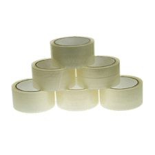 Polypropylene Tape from Macfarlane Packaging. Image shows six rolls of clear packing tape made from polypropylene, stacked together. 